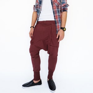 NO.190 Men&#39;s Patch Pocket Drop Crotch Harem Pants, Low Crotch Trousers, Harem Jogger Pants, Unisex Pants in Red