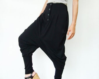 NO.64 Women&#39;s Button Front Detail Drop Crotch Harem Pants, Low Crotch Trousers, Casual Jogger Pants in Black