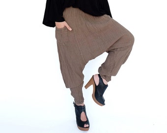 NO.162 Women's Patch Pocket Harem Pants, Boho Drop Crotch Trousers, Casual Yoga Pants, Natural Fiber Flexible Cotton Pants in Brown