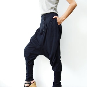 NO.64 Women's Button Front Detail Drop Crotch Harem Pants, Low Crotch Trousers, Casual Jogger Pants in Blue image 1