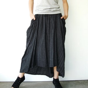 NO.40 Women&#39;s Striped High Low Skirt, Drawstring Waist Asymmetrical Skirt in Black