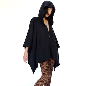 NO.163 Women&#39;s Button Front Hooded Poncho, Comfy Versatile Cape in Black