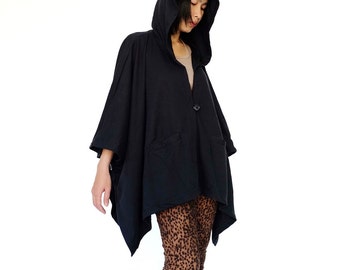 NO.163 Women's Button Front Hooded Poncho, Comfy Versatile Cape in Black