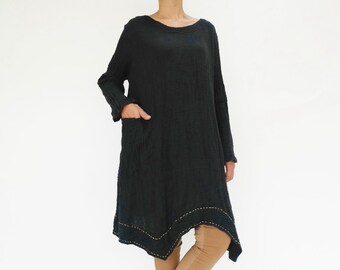 NO.201 Women's Long Sleeves Stitch Detail Tunic Dress, Casual Minimalist Dress, Natural Fiber Flexible Cotton in Black