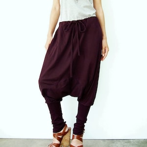NO.58 Women&#39;s Drawstring Waist Low Crotch Harem Pants, Loose Harem Trousers, Unisex Pants in Plum