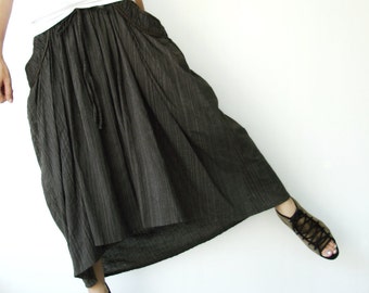NO.40 Women's Striped High Low Skirt, Drawstring Waist Asymmetrical Skirt in Olive Green
