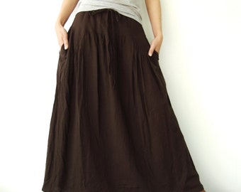 NO.34 Women's Pleated Front Long Maxi Skirt, Comfy Casual Convertible Skirt, A-Line Skirt in Brown