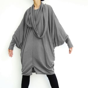 NO.57 Women&#39;s Batwing Sleeve With Scarf Dress, Batwing Long Sleeve Dress in Dusty Gray