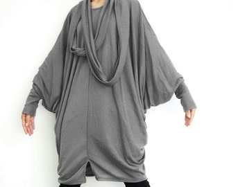 NO.57 Women's Batwing Sleeve With Scarf Dress, Batwing Long Sleeve Dress in Dusty Gray