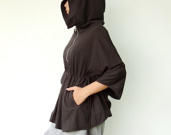 NO.75 Women's Zip Front Hoodie Poncho, Hooded Cape, Poncho with Hood, Unisex Hooded Poncho in Charcoal