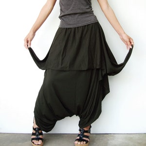 NO.86 Women’s Low Drop Crotch Asymmetrical Harem Pants, Loose Casual Harem Trousers in Dark Olive