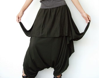 NO.86 Women’s Low Drop Crotch Asymmetrical Harem Pants, Loose Casual Harem Trousers in Dark Olive