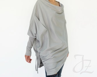 NO.59 Women's Cowl Neck Batwing Long Sleeve Asymmetrical Hem Sweater, Minimalist Clothing, Trendy Sweater Pullover in Gray