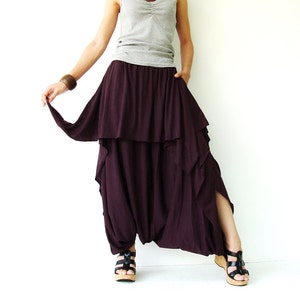 N.º 86 Pantalones harén asimétricos de tiro bajo para mujer, pantalones harén casuales holgados en color ciruela