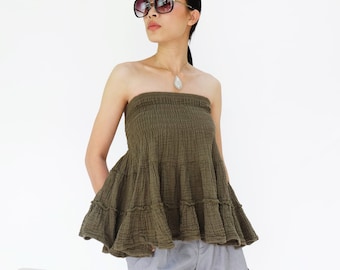 NO.202 Top tubinho feminino com babados e franzidos, minissaia estilo camponês em camadas, top sem alças de algodão flexível de fibra natural em verde oliva