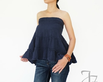 NO.202 Top tubinho feminino com babados e franzidos, minissaia estilo camponês em camadas, top sem alças de algodão flexível de fibra natural em azul