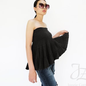 NO.202 Women's Ruffle Smocked Tube Top, Tiered Peasant Mini Skirt, Natural Fiber Flexible Cotton Strapless Top in Black
