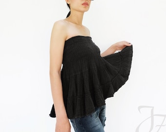NO.202 Top tubinho feminino com babados e franzidos, minissaia estilo camponês em camadas, top sem alças de algodão flexível de fibra natural em preto