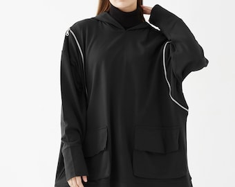 NO.277 Women's Oversized Hoodie Sweater, Zipper Detail Pullover, Casual Active Jacket, Unisex Sweater, Unisex Sweatshirt in Black