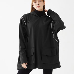 NO.277 Women's Oversized Hoodie Sweater, Zipper Detail Pullover, Casual Active Jacket, Unisex Sweater, Unisex Sweatshirt in Black image 1