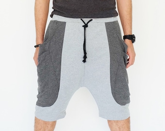 NO.233 Men's Sweatpants, Loungewear, Jogger Shorts, Drop Crotch Pants, Urban Fashion, Unisex Short Pants in Heather Gray