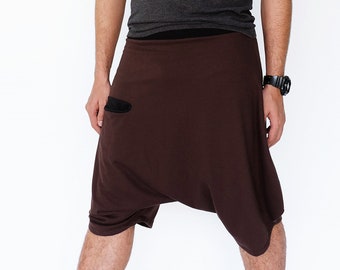 NO.232 Men's Two Tone Low Crotch Harem Shorts, Loose Casual Unisex Pants, Short Pants in Brown and Black