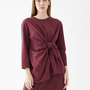 NO.282 Women&#39;s Crew Neck Bow Front Top Blouse, Tie Front Long Sleeve Shirt in Red