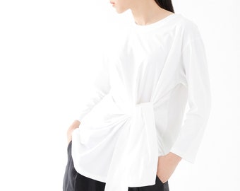 NO.282 Women's Crew Neck Bow Front Top Blouse, Tie Front Long Sleeve Shirt in White