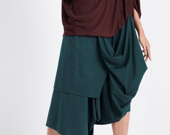 NO.187 Women's Taxidermy Asymmetric Skirt/Pants, Casual Wide Leg Trousers, Cropped Pants/Skirt in Teal