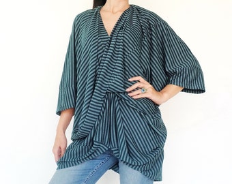 NO.250 Women's Drape Front Top, Striped Asymmetric Blouse in Teal