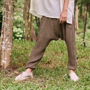 NO.239 Men&#39;s Striped Harem Pants, Boho Drop Crotch Pants, Casual Yoga Pants, Natural Fiber Flexible Cotton Unisex Pants in Brown