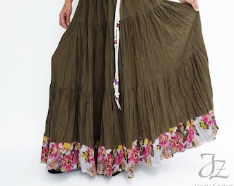 NO.25 Falda larga campesina larga estilo hippie gitano bohemio con dobladillo floral para mujer en color oliva