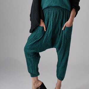 NO.289 Women&#39;s Geometric Stitched Pattern Woven Harem Pants, Boho Drop Crotch Trousers, Natural Fiber Flexible Cotton Pants in Teal Green