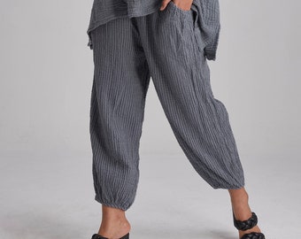 NO.266 Women's Striped Ankle Pants, Casual Cotton Relaxed Pants in Bluish Gray