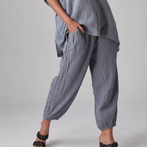 NO.266 Women's Striped Ankle Pants, Casual Cotton Relaxed Pants in Gray