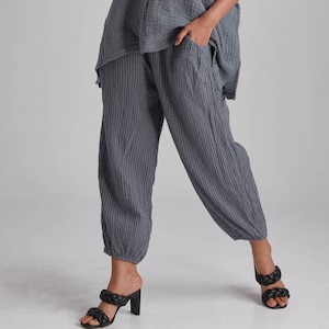 NO.266 Women's Striped Ankle Pants, Casual Cotton Relaxed Pants in Bluish Gray