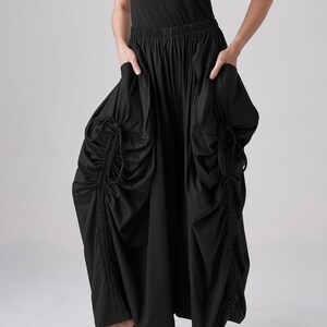 NO.175 Women's Large Patch Pocket Skirt/Pants, Button Detail Long Maxi Skirt, Comfy Casual Convertible Skirt in Black