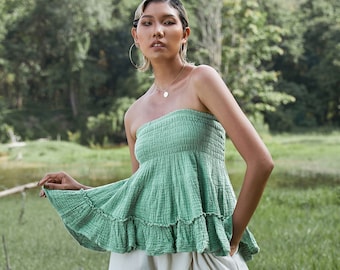 NO.202 Women's Ruffle Smocked Tube Top, Tiered Peasant Mini Skirt, Natural Fiber Flexible Cotton Strapless Top in Mint