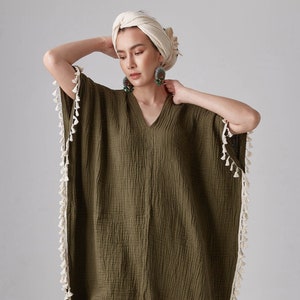 NO.287 Women's Fringe Trimmed Kaftan, Resort Dress, Boho Caftan Dress, Natural Fiber Flexible Cotton Kaftan in Olive image 1