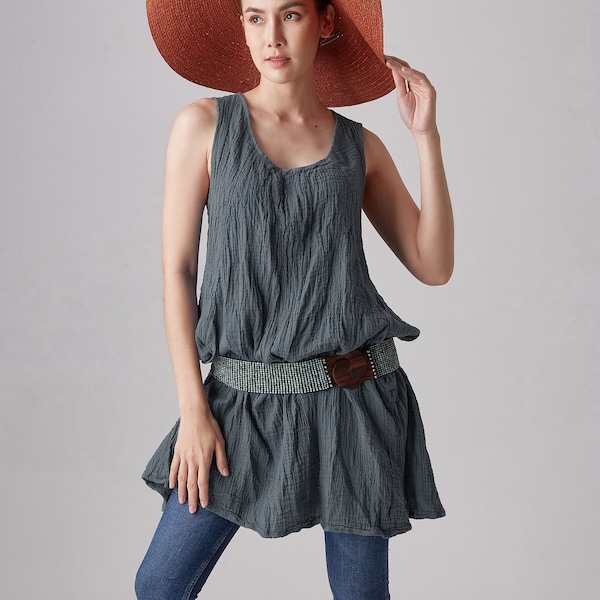 N.° 19 Vestido túnica informal holgado de algodón flexible, sin mangas, plisado, de corte A, para mujer, color gris azulado.