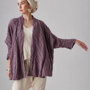 NO.263 Women's Striped Kimono Cardigan, Natural Fiber Flexible Cotton Loose Cardigan in Lilac