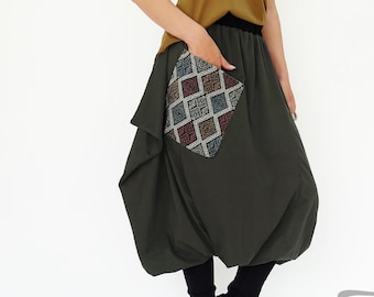 NO.206 Women's Ethnic Printed Pocket Harem Pants, Extravagant Ninja Trousers, Drop Crotch Harem Pants in Dark Olive