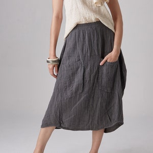 NO.267 Women's Striped Patch Pocket Skirt, 100% Natural Cotton Skirt, Loose Lantern Skirt in Bluish Gray