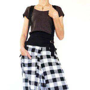 NO.254-1 Women's Plaid Suspender Harem Pants, Drop Crotch Joggers, Urban Fashion, Unisex Pants in Black and White