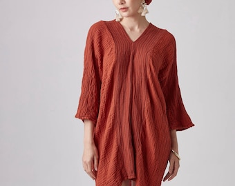 NO.238 Women's Three Quarter Sleeve Vertical Striped Detail V-Neck Kaftan, Cover Up Caftan, Natural Fiber Flexible Cotton Dress in Rust