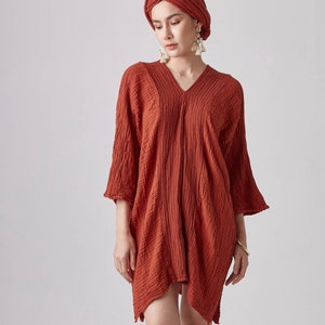 NO.238 Women&#39;s Three Quarter Sleeve Vertical Striped Detail V-Neck Kaftan, Cover Up Caftan, Natural Fiber Flexible Cotton Dress in Rust