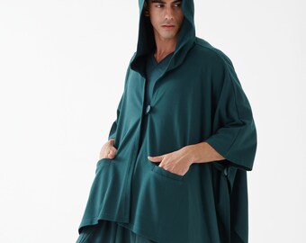 NO.163 Men's Button Front Hooded Poncho, Comfy Versatile Cape in Teal