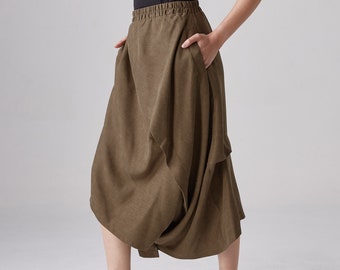 NO.286 Women’s Asymmetrical Skirt/Pants, Loose Fit Skirt/Pants in Greenish Brown