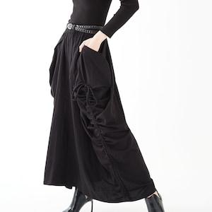 NO.123 Women's Large Patch Pocket Maxi Skirt, Long Maxi Skirt With Pockets, Comfy Casual Convertible Skirt in Black image 1