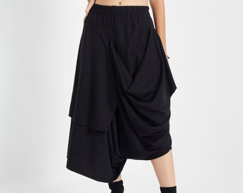 NO.187 Women's Taxidermy Asymmetric Skirt/Pants, Casual Wide Leg Trousers, Cropped Pants/Skirt in Black